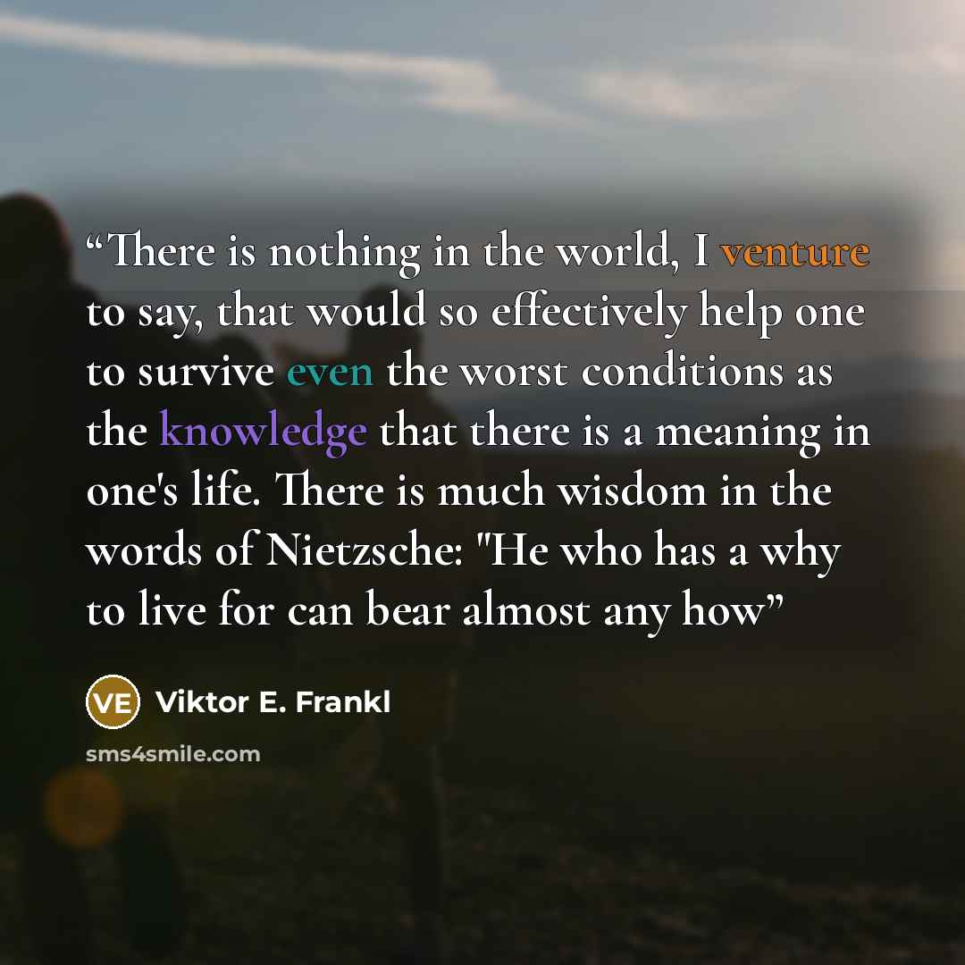 “There is nothing in the world, I venture to say, that would so effectively help one to survive even the worst conditions as the knowledge that there is a meaning in one's life. There is much wisdom in the words of Nietzsche: "He who has a why to live for can bear almost any how” quote by Viktor E. Frankl
