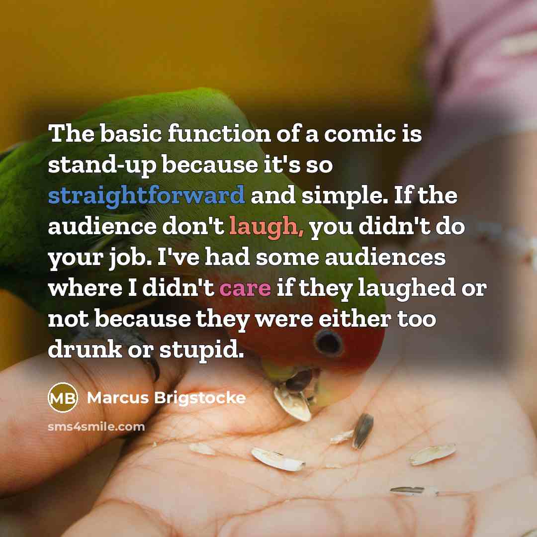 “The basic function of a comic is stand-up because it's so straightforward and simple. If the audience don't laugh, you didn't do your job. I've had some audiences where I didn't care if they laughed or not because they were either too drunk or stupid.” quote by Marcus Brigstocke