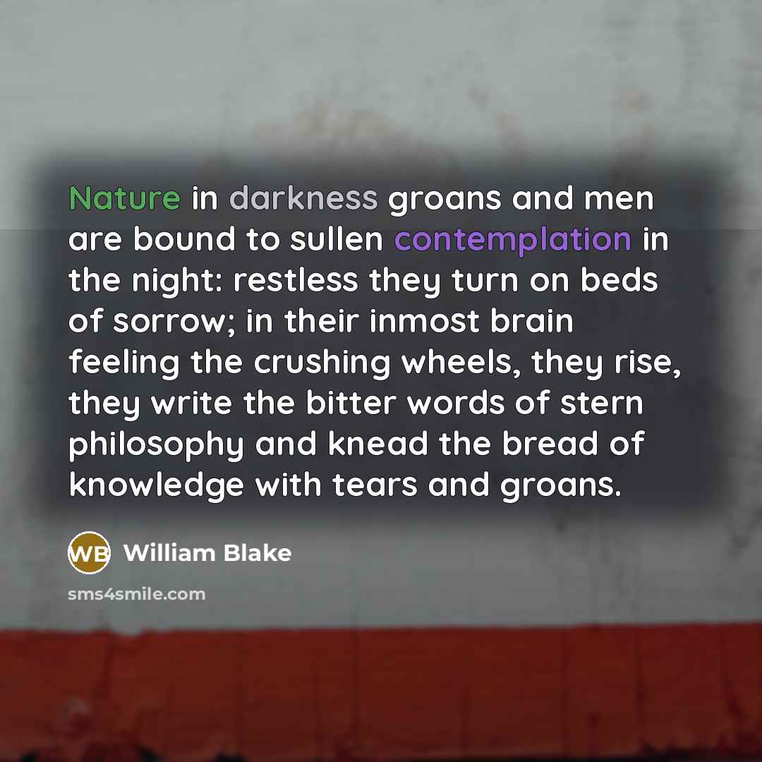 “Nature in darkness groans and men are bound to sullen contemplation in the night: restless they turn on beds of sorrow; in their inmost brain feeling the crushing wheels, they rise, they write the bitter words of stern philosophy and knead the bread of knowledge with tears and groans.” quote by William Blake