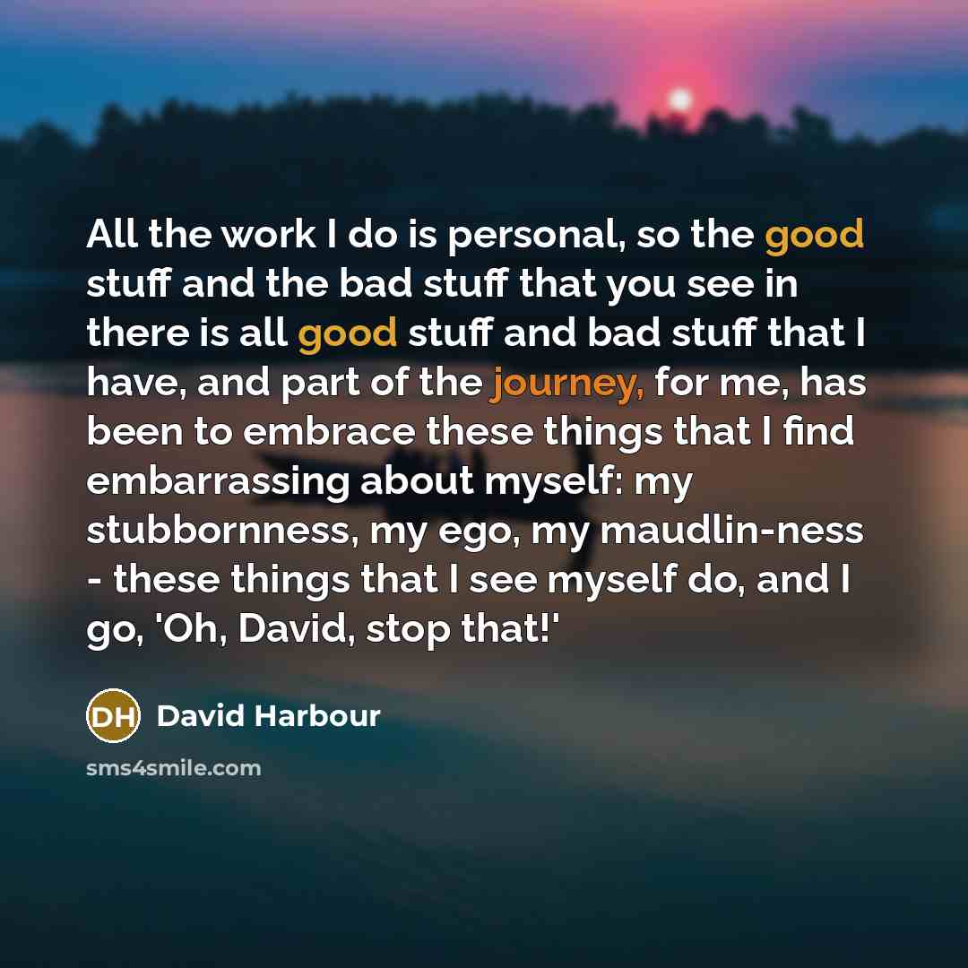 “All the work I do is personal, so the good stuff and the bad stuff that you see in there is all good stuff and bad stuff that I have, and part of the journey, for me, has been to embrace these things that I find embarrassing about myself: my stubbornness, my ego, my maudlin-ness - these things…” quote by David Harbour