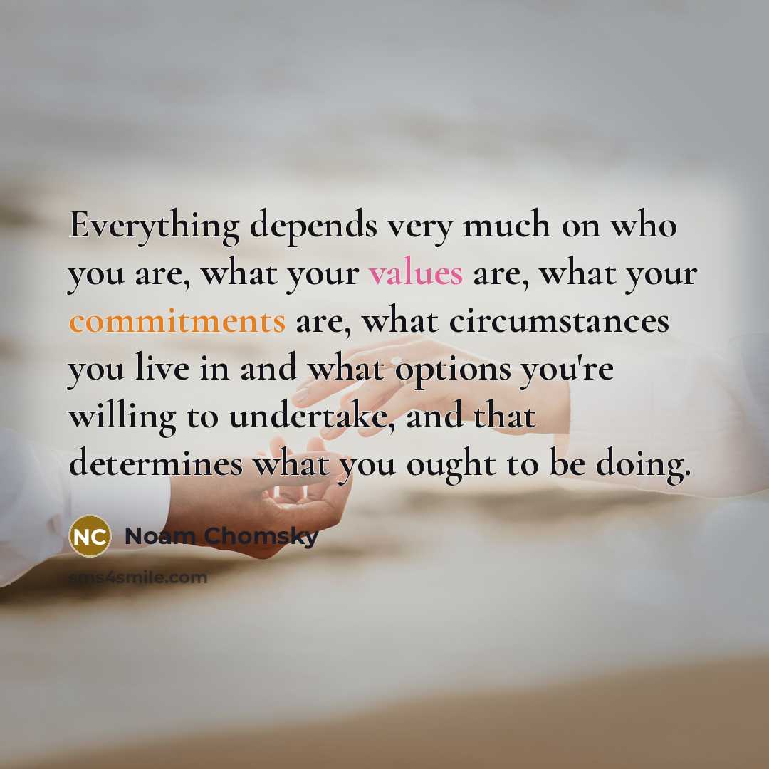 “Everything depends very much on who you are, what your values are, what your commitments are, what circumstances you live in and what options you're willing to undertake, and that determines what you ought to be doing.” quote by Noam Chomsky
