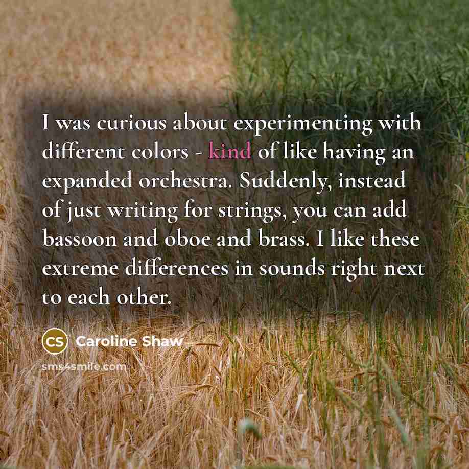 “I was curious about experimenting with different colors - kind of like having an expanded orchestra. Suddenly, instead of just writing for strings, you can add bassoon and oboe and brass. I like these extreme differences in sounds right next to each other.” quote by Caroline Shaw