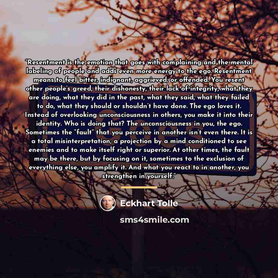 “Resentment is the emotion that goes with complaining and the mental labeling of people and adds even more energy to the ego. Resentment means to feel bitter, indignant, aggrieved, or offended. You resent other people’s greed, their dishonesty, their lack of integrity, what they are doing, what…” quote by Eckhart Tolle