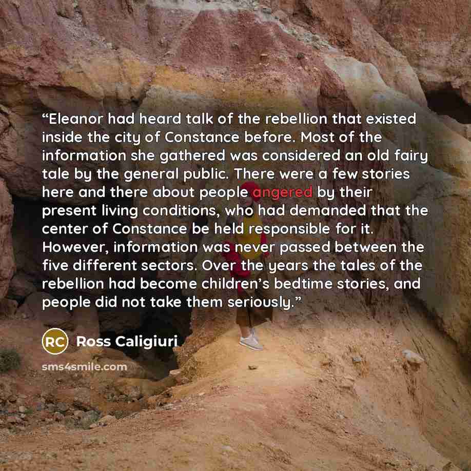 “Eleanor had heard talk of the rebellion that existed inside the city of Constance before. Most of the information she gathered was considered an old fairy tale by the general public. There were a few stories here and there about people angered by their present living conditions, who had demanded…” quote by Ross Caligiuri