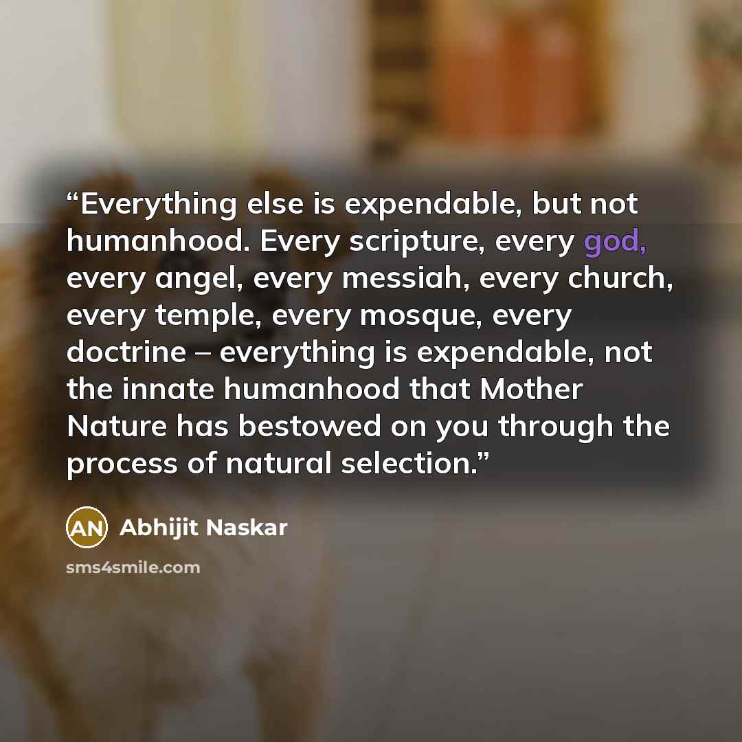 “Everything else is expendable, but not humanhood. Every scripture, every god, every angel, every messiah, every church, every temple, every mosque, every doctrine – everything is expendable, not the innate humanhood that Mother Nature has bestowed on you through the process of natural selection.” quote by Abhijit Naskar