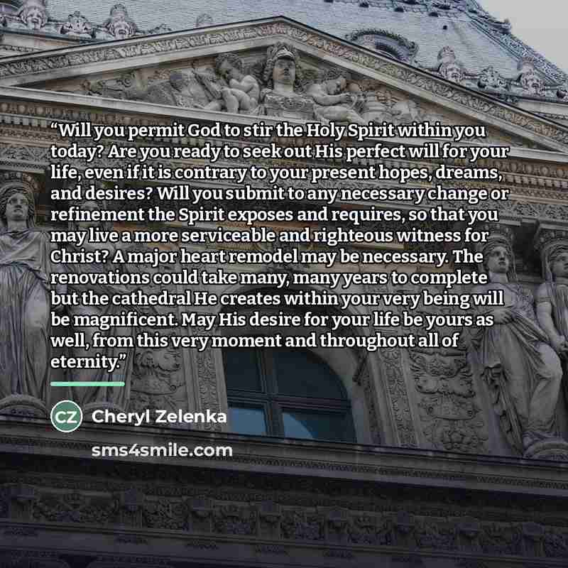“Will you permit God to stir the Holy Spirit within you today? Are you ready to seek out His perfect will for your life, even if it is contrary to your present hopes, dreams, and desires? Will you submit to any necessary change or refinement the Spirit exposes and requires, so that you may live a…” quote by Cheryl Zelenka