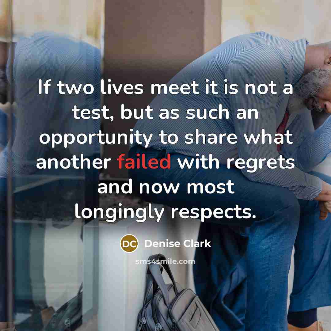 “If two lives meet it is not a test, but as such an opportunity to share what another failed with regrets and now most longingly respects.” quote by Denise Clark