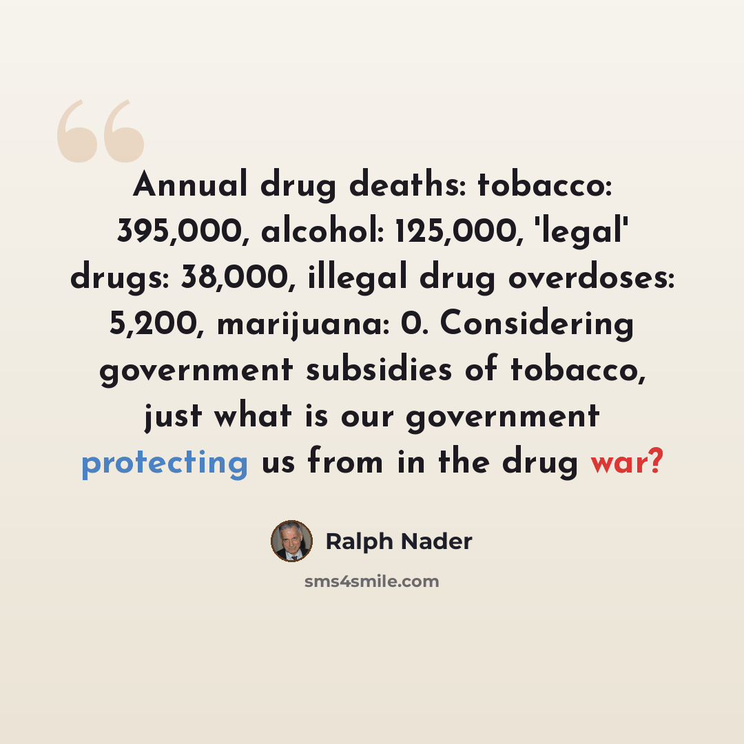 “Annual drug deaths: tobacco: 395,000, alcohol: 125,000, 'legal' drugs: 38,000, illegal drug overdoses: 5,200, marijuana: 0. Considering government subsidies of tobacco, just what is our government protecting us from in the drug war?” quote by Ralph Nader