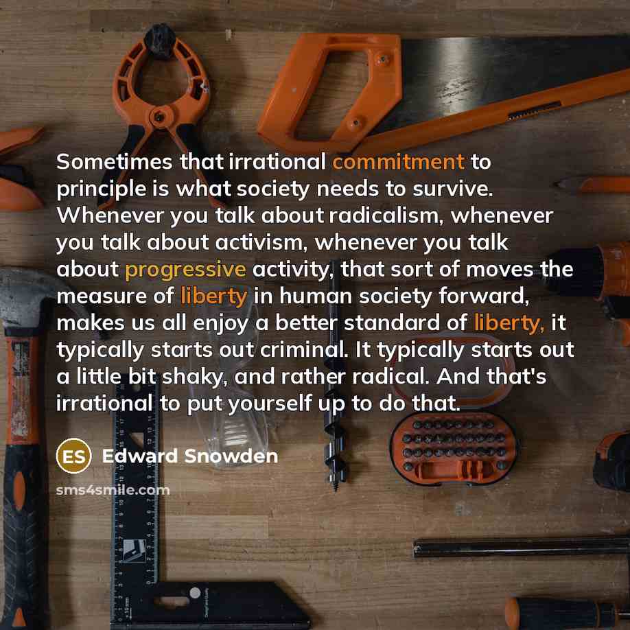 “Sometimes that irrational commitment to principle is what society needs to survive. Whenever you talk about radicalism, whenever you talk about activism, whenever you talk about progressive activity, that sort of moves the measure of liberty in human society forward, makes us all enjoy a better…” quote by Edward Snowden