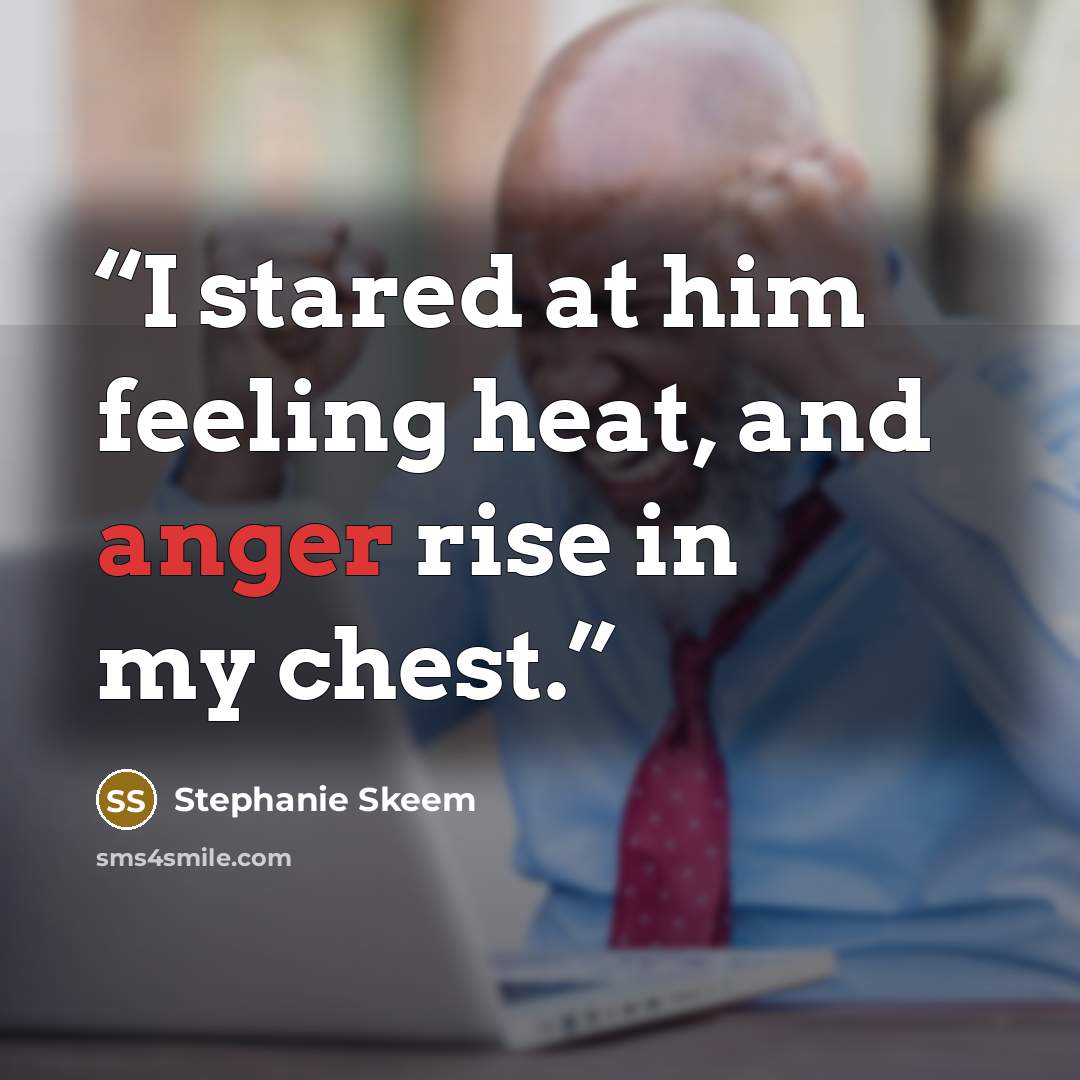 “I stared at him feeling heat, and anger rise in my chest.” quote by Stephanie Skeem