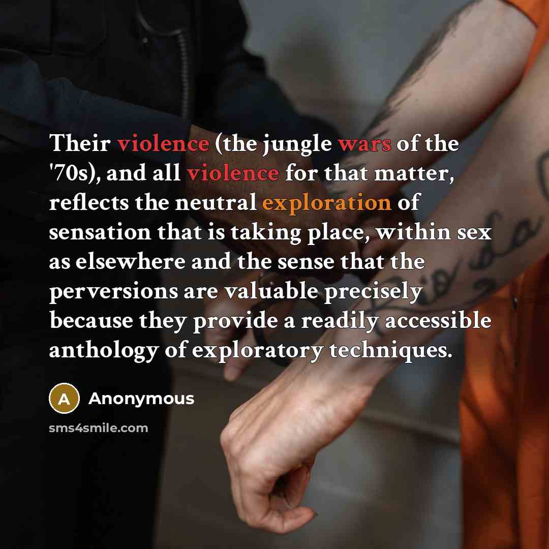 “Their violence (the jungle wars of the '70s), and all violence for that matter, reflects the neutral exploration of sensation that is taking place, within sex as elsewhere and the sense that the perversions are valuable precisely because they provide a readily accessible anthology of exploratory…” quote by Anonymous
