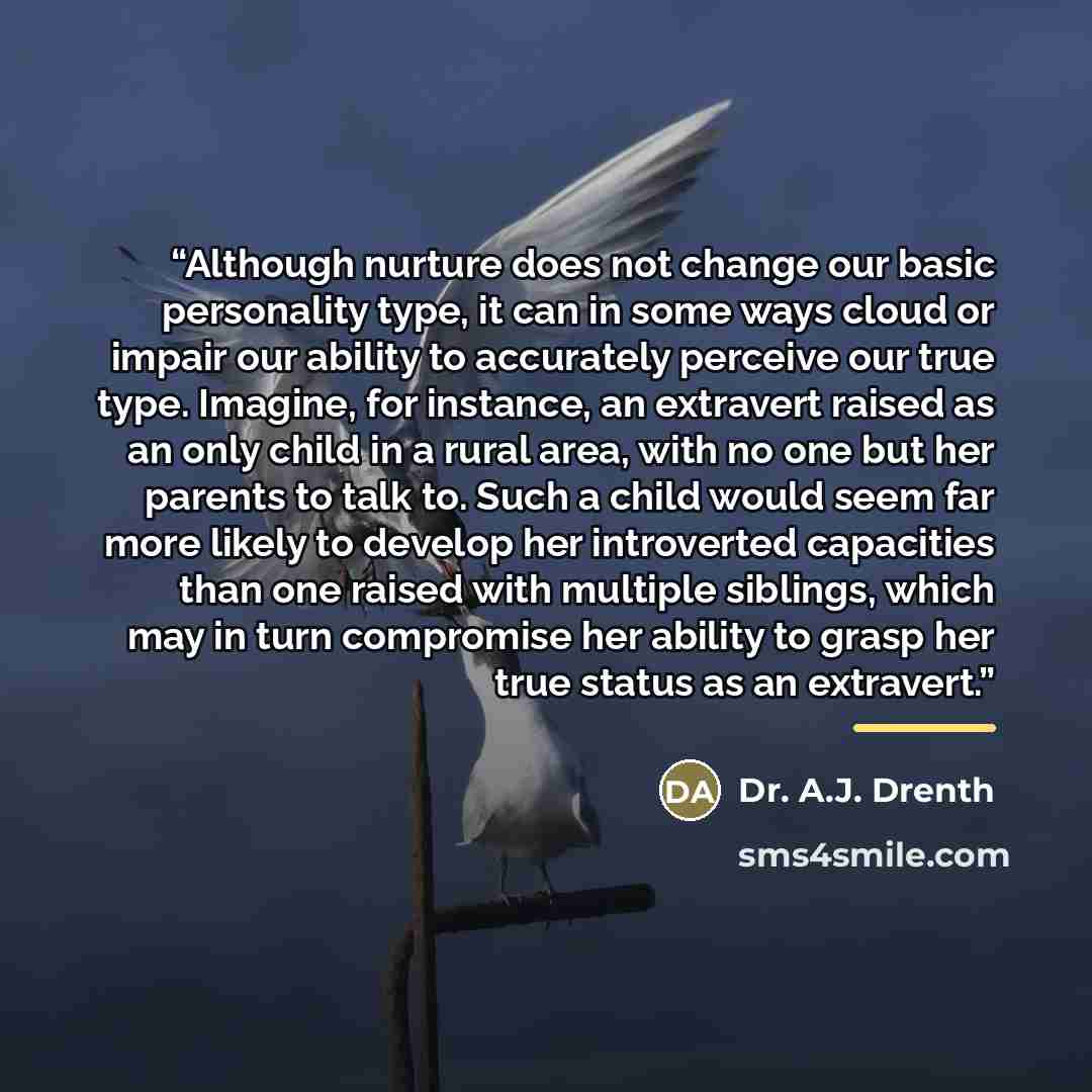 “Although nurture does not change our basic personality type, it can in some ways cloud or impair our ability to accurately perceive our true type. Imagine, for instance, an extravert raised as an only child in a rural area, with no one but her parents to talk to. Such a child would seem far more…” quote by Anonymous