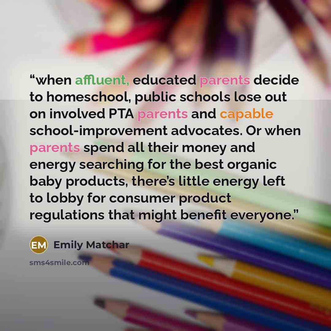 “when affluent, educated parents decide to homeschool, public schools lose out on involved PTA parents and capable school-improvement advocates. Or when parents spend all their money and energy searching for the best organic baby products, there’s little energy left to lobby for consumer product…” quote by Emily Matchar
