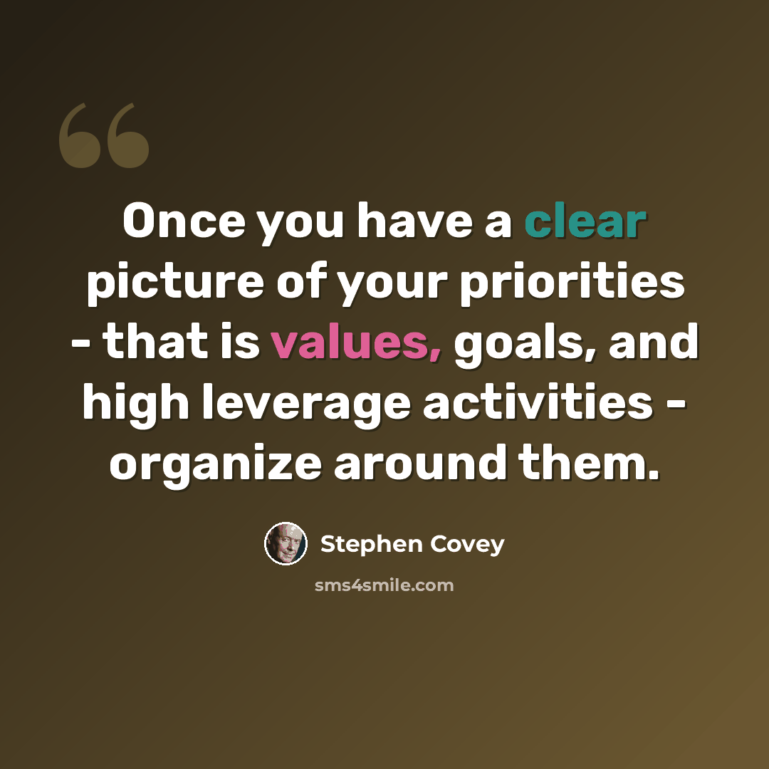 “Once you have a clear picture of your priorities - that is values, goals, and high leverage activities - organize around them.” quote by Stephen Covey
