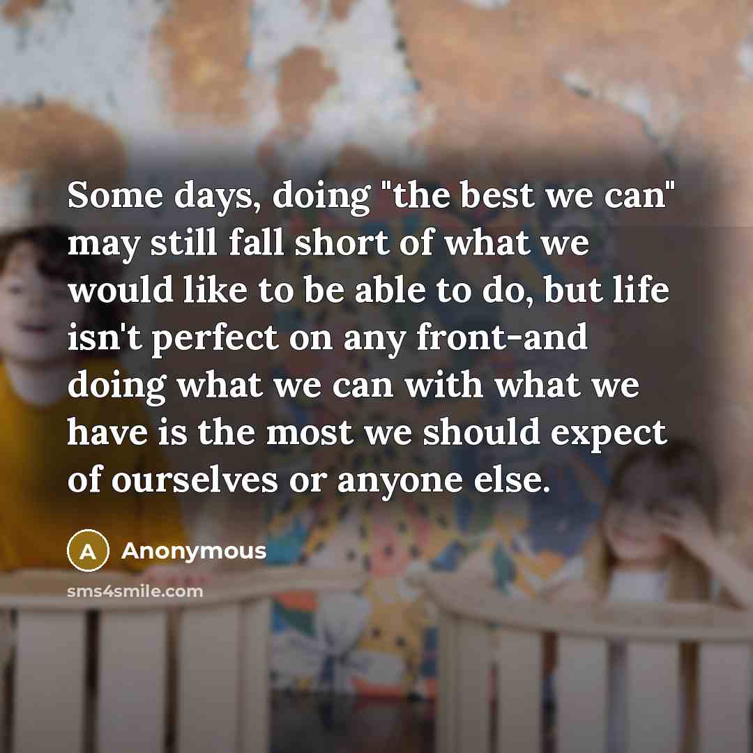 “Some days, doing "the best we can" may still fall short of what we would like to be able to do, but life isn't perfect on any front-and doing what we can with what we have is the most we should expect of ourselves or anyone else.” quote by Anonymous