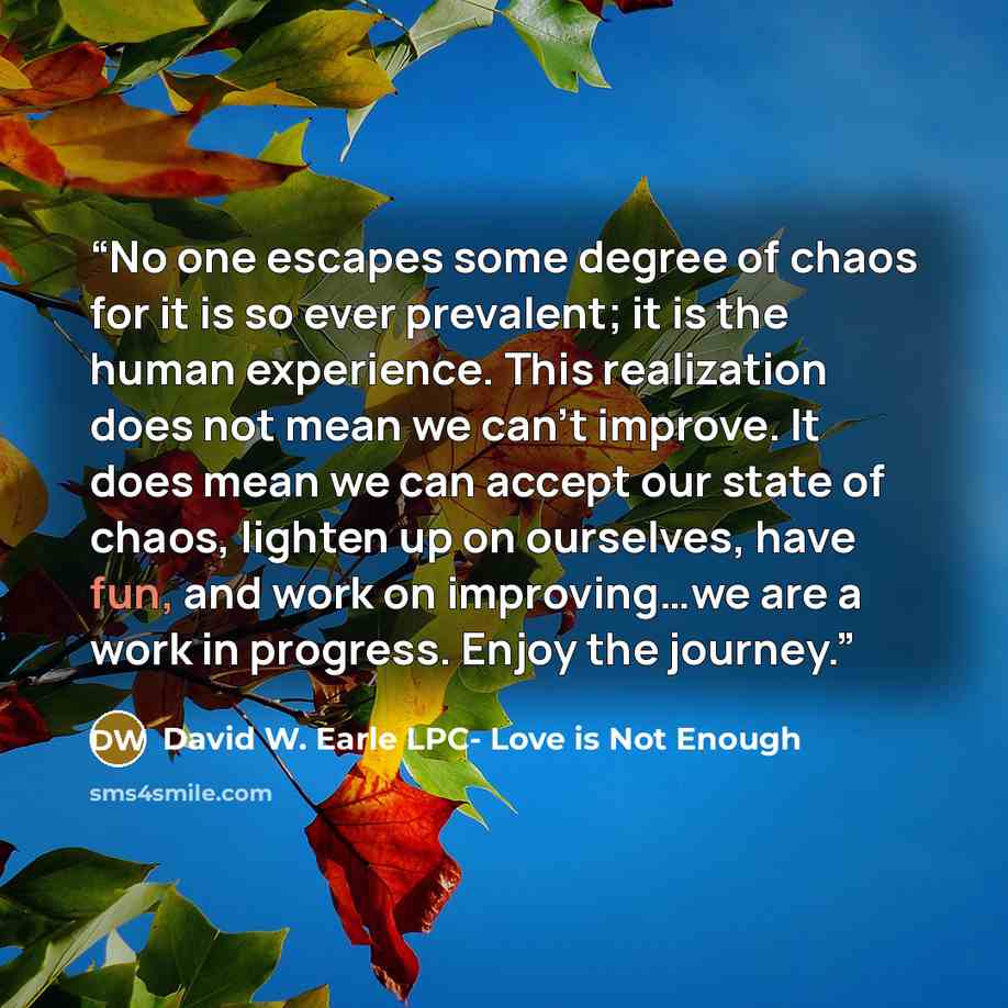 “No one escapes some degree of chaos for it is so ever prevalent; it is the human experience. This realization does not mean we can’t improve. It does mean we can accept our state of chaos, lighten up on ourselves, have fun, and work on improving…we are a work in progress. Enjoy the journey.” quote by David W. Earle LPC- Love is Not Enough