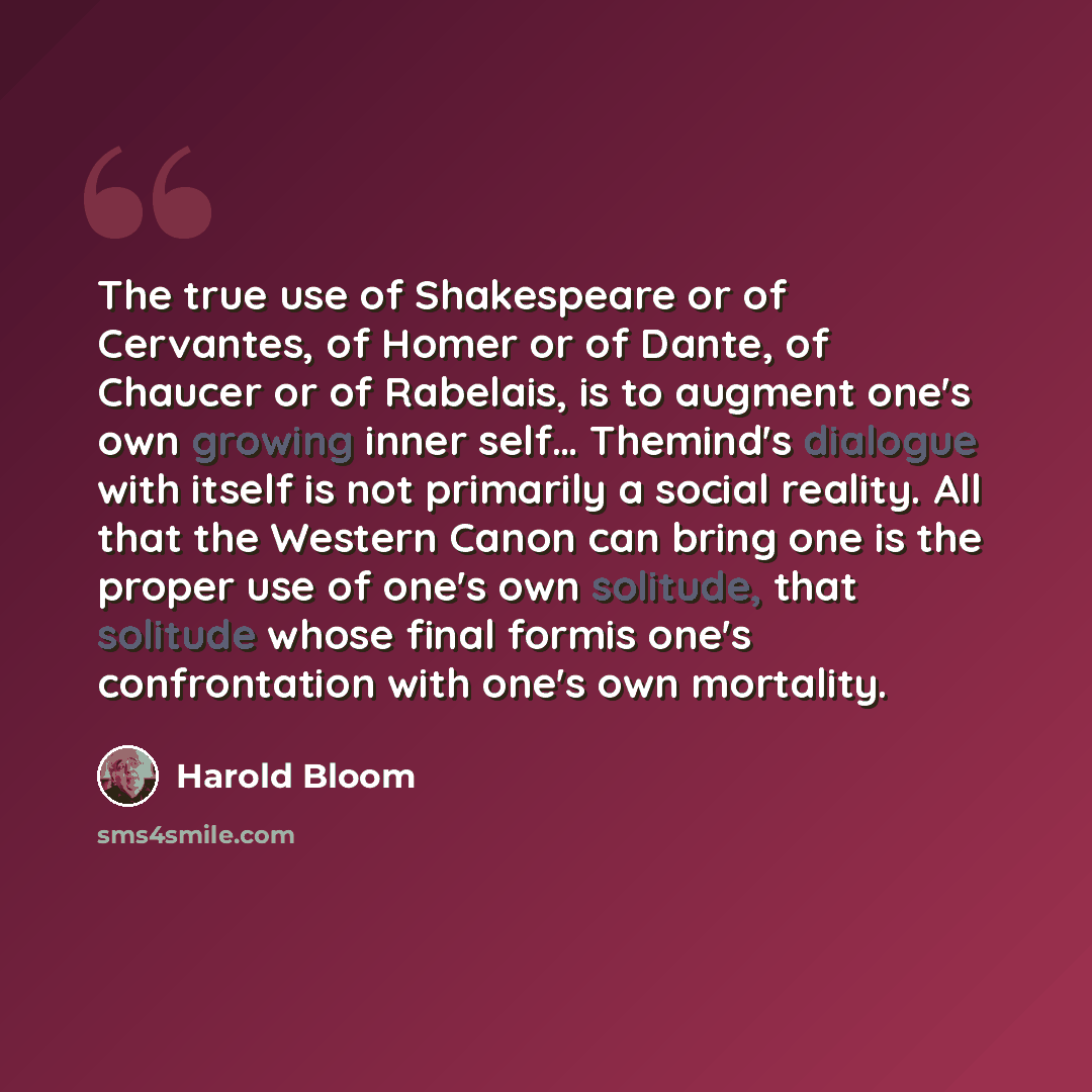“The true use of Shakespeare or of Cervantes, of Homer or of Dante, of Chaucer or of Rabelais, is to augment one's own growing inner self… Themind's dialogue with itself is not primarily a social reality. All that the Western Canon can bring one is the proper use of one's own solitude, that…” quote by Harold Bloom