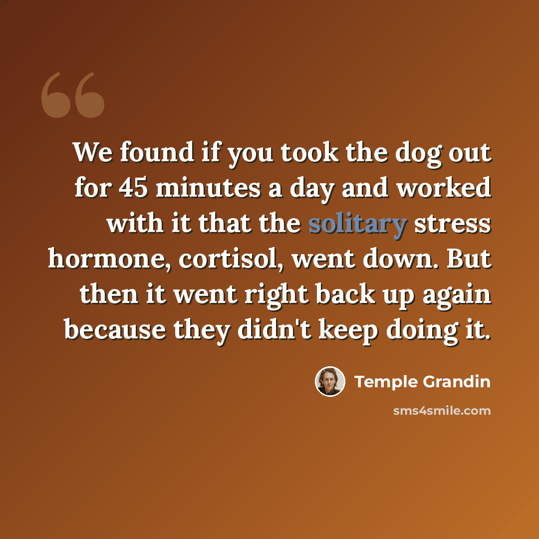 “We found if you took the dog out for 45 minutes a day and worked with it that the solitary stress hormone, cortisol, went down. But then it went right back up again because they didn't keep doing it.” quote by Temple Grandin