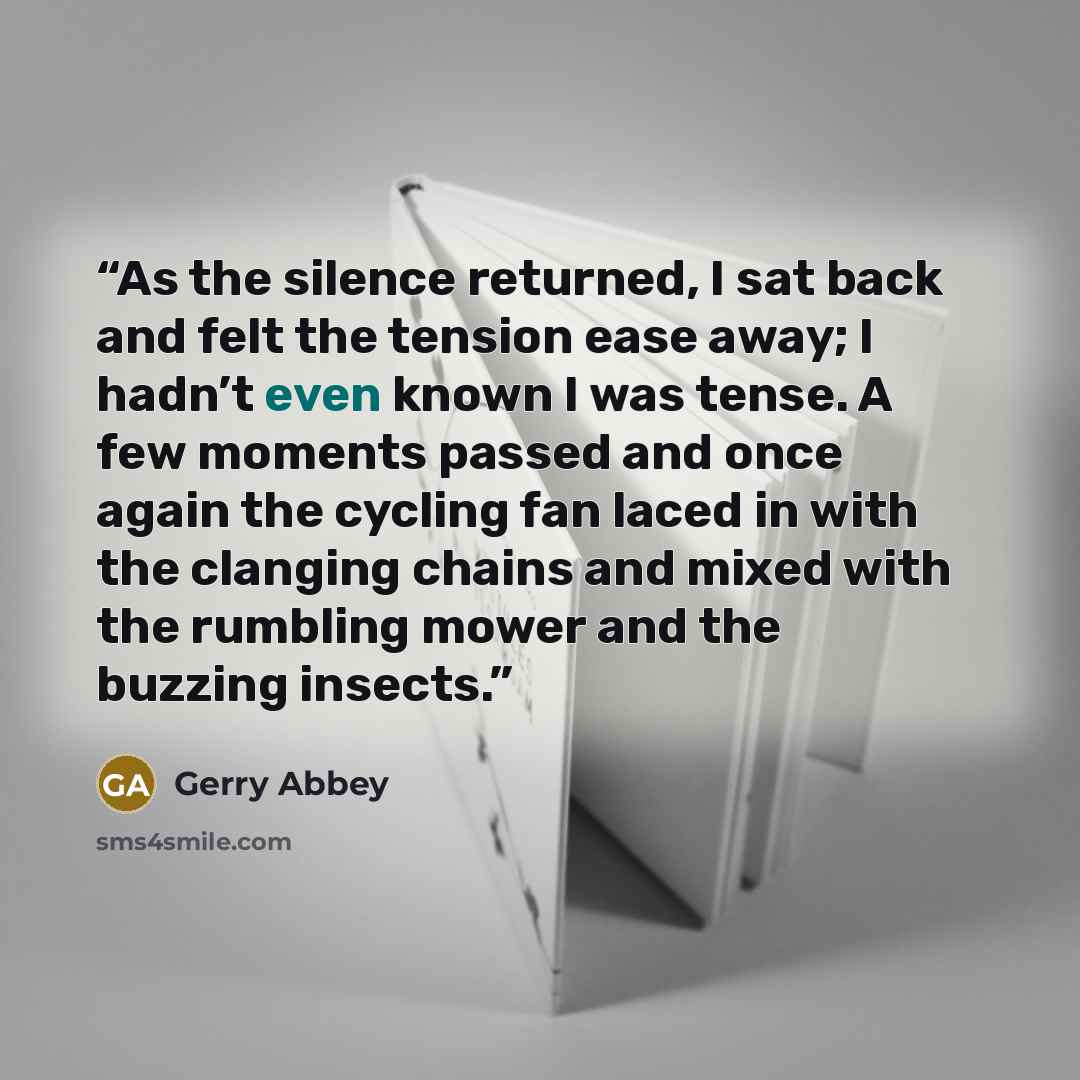 “As the silence returned, I sat back and felt the tension ease away; I hadn’t even known I was tense. A few moments passed and once again the cycling fan laced in with the clanging chains and mixed with the rumbling mower and the buzzing insects.” quote by Gerry Abbey