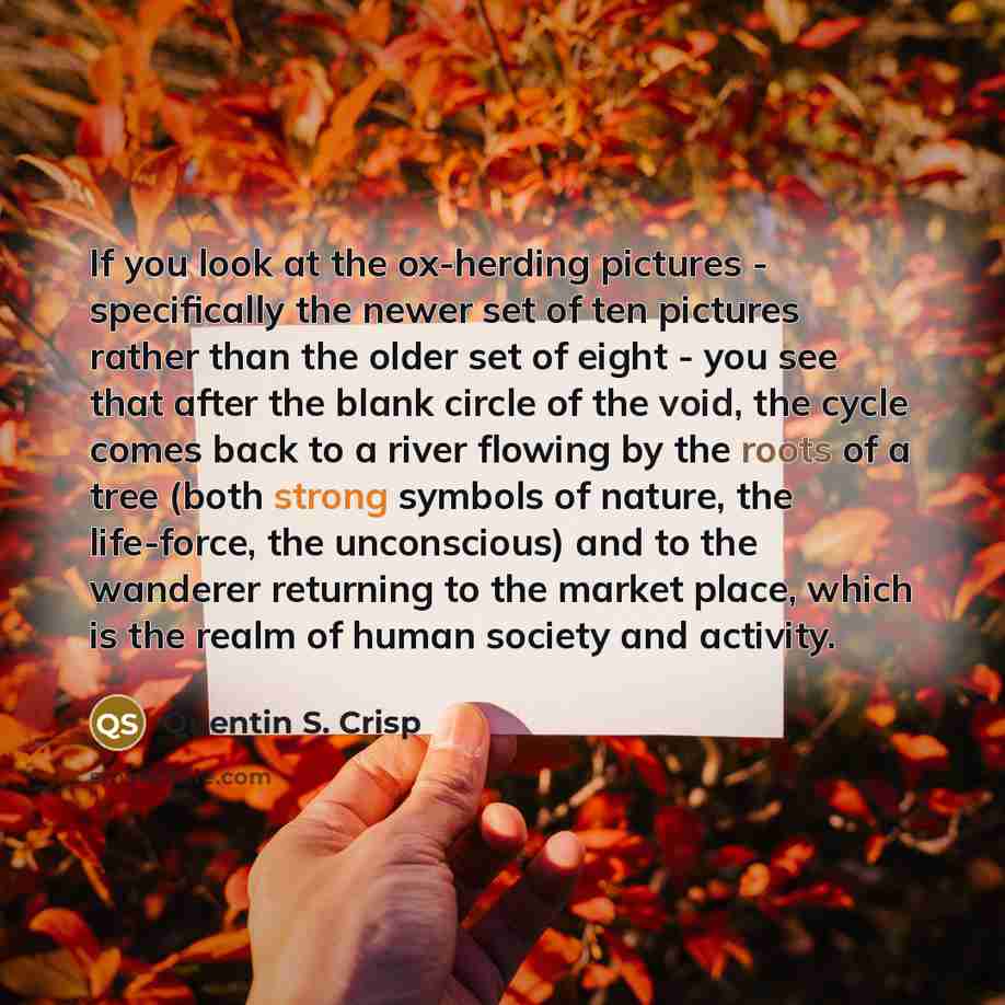 “If you look at the ox-herding pictures - specifically the newer set of ten pictures rather than the older set of eight - you see that after the blank circle of the void, the cycle comes back to a river flowing by the roots of a tree (both strong symbols of nature, the life-force, the unconscious)…” quote by Quentin S. Crisp