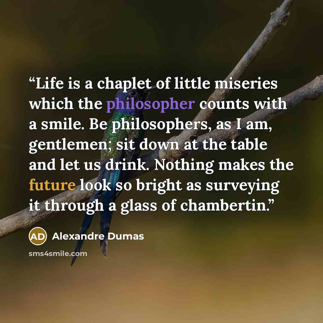 “Life is a chaplet of little miseries which the philosopher counts with a smile. Be philosophers, as I am, gentlemen; sit down at the table and let us drink. Nothing makes the future look so bright as surveying it through a glass of chambertin.” quote by Alexandre Dumas