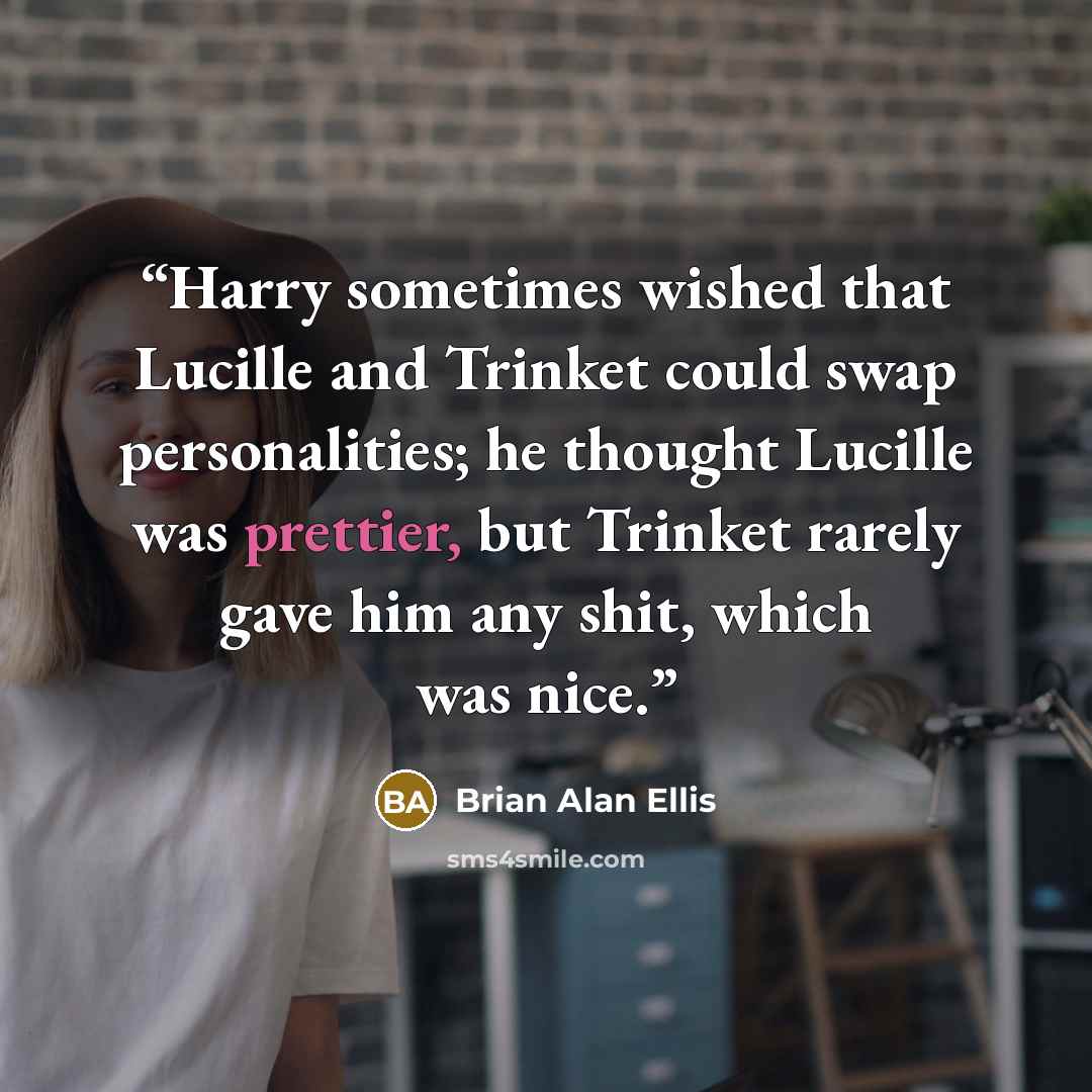 “Harry sometimes wished that Lucille and Trinket could swap personalities; he thought Lucille was prettier, but Trinket rarely gave him any shit, which was nice.” quote by Brian Alan Ellis