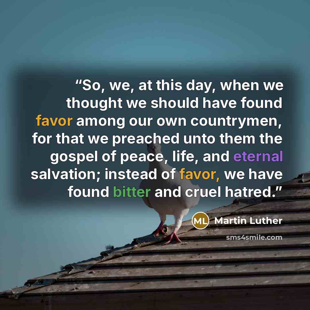 “So, we, at this day, when we thought we should have found favor among our own countrymen, for that we preached unto them the gospel of peace, life, and eternal salvation; instead of favor, we have found bitter and cruel hatred.” quote by Martin Luther