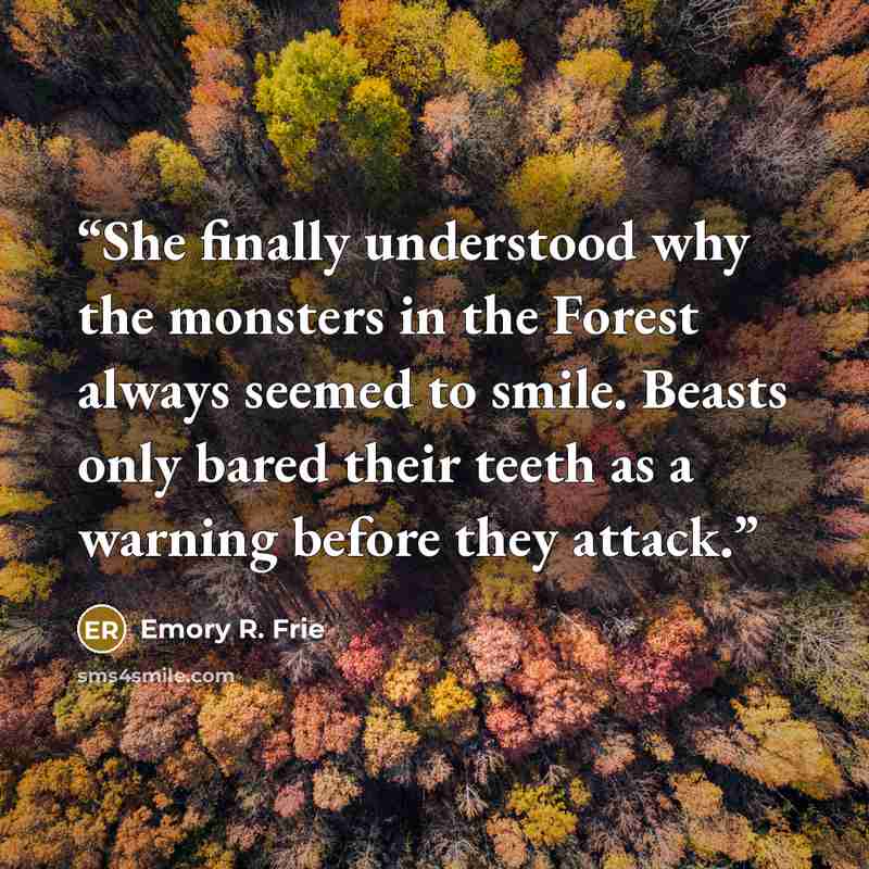 “She finally understood why the monsters in the Forest always seemed to smile. Beasts only bared their teeth as a warning before they attack.” quote by Emory R. Frie