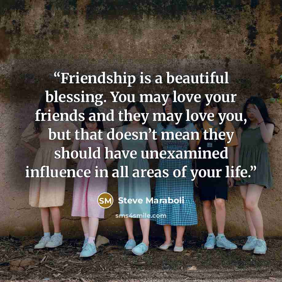 “Friendship is a beautiful blessing. You may love your friends and they may love you, but that doesn’t mean they should have unexamined influence in all areas of your life.” quote by Steve Maraboli
