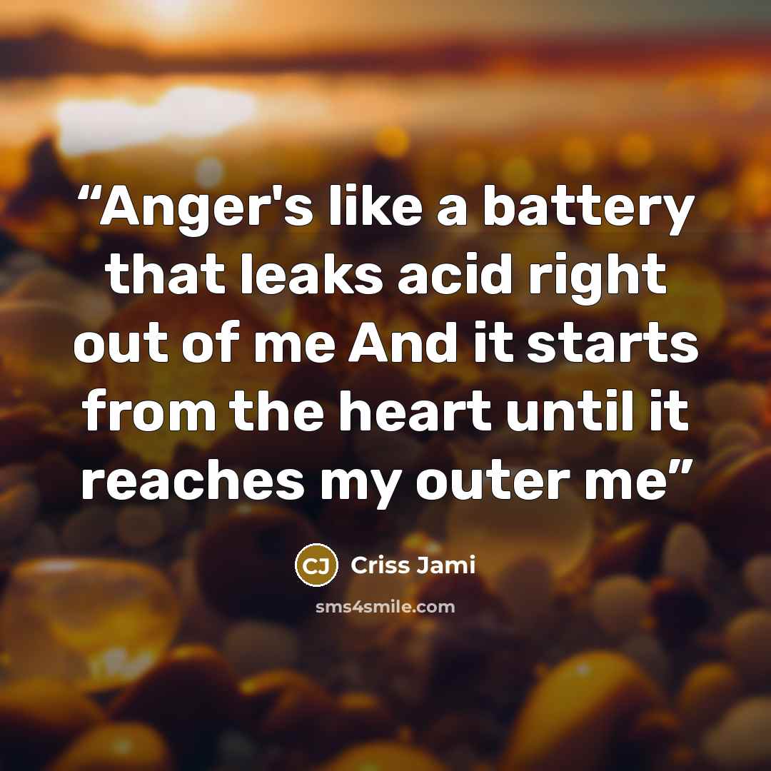 “Anger's like a battery that leaks acid right out of me And it starts from the heart until it reaches my outer me” quote by Criss Jami