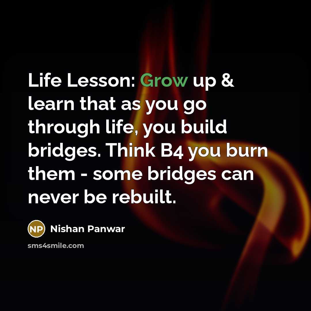 “Life Lesson: Grow up & learn that as you go through life, you build bridges. Think B4 you burn them - some bridges can never be rebuilt.” quote by Nishan Panwar