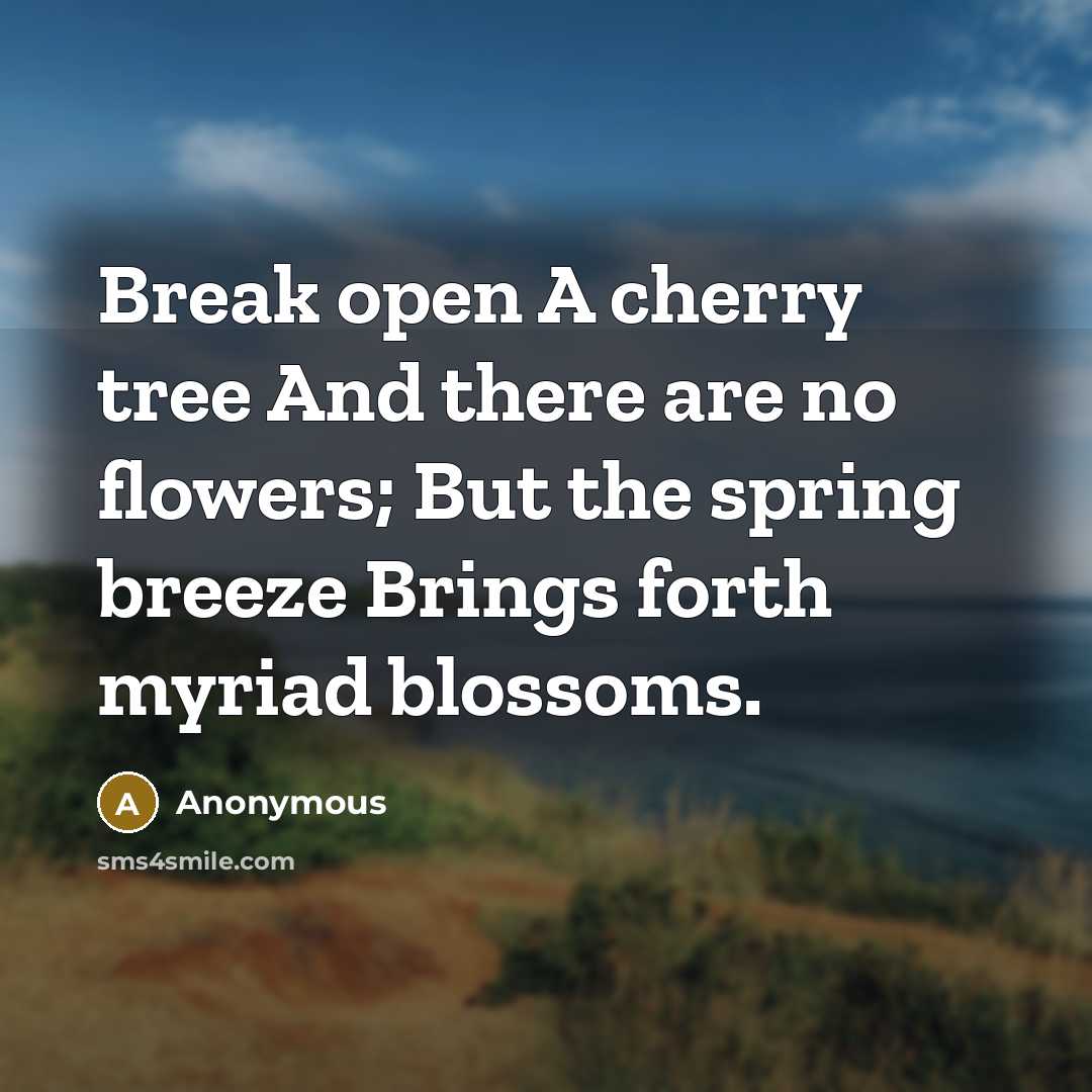 “Break open A cherry tree And there are no flowers; But the spring breeze Brings forth myriad blossoms.” quote by Anonymous