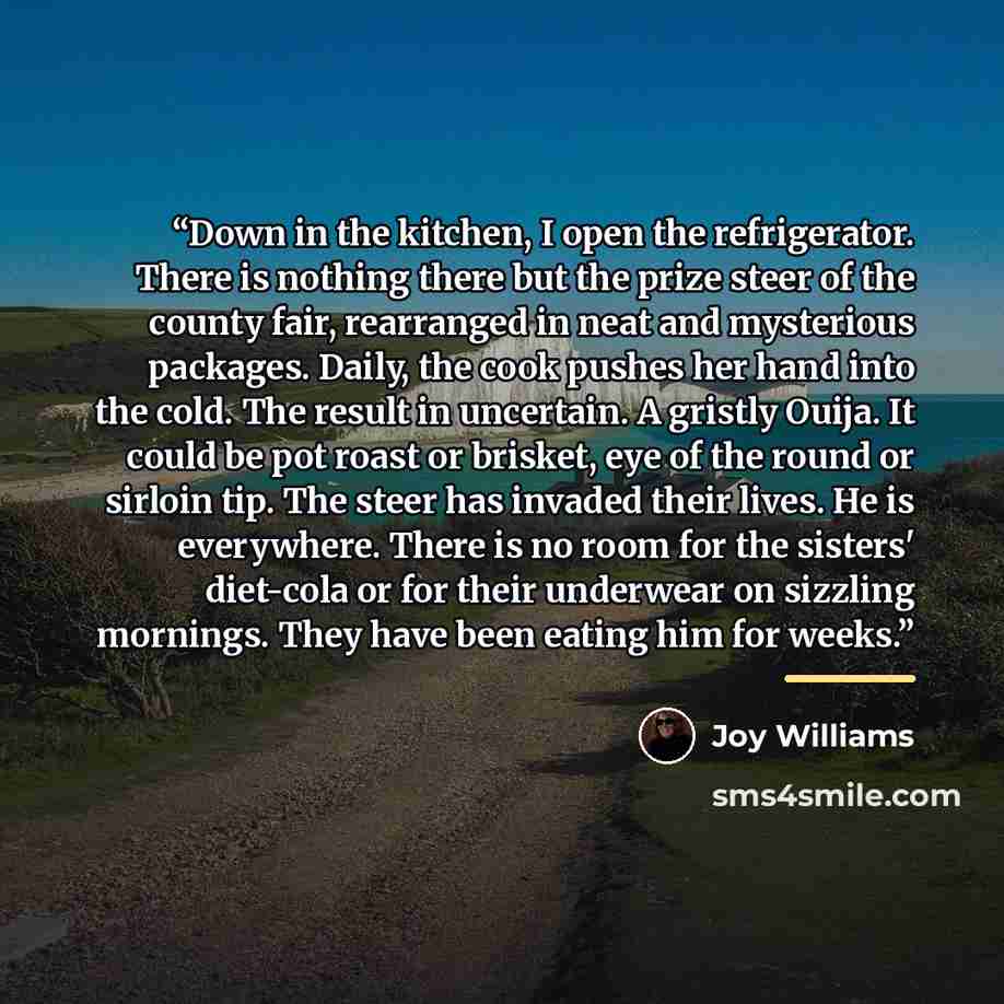 “Down in the kitchen, I open the refrigerator. There is nothing there but the prize steer of the county fair, rearranged in neat and mysterious packages. Daily, the cook pushes her hand into the cold. The result in uncertain. A gristly Ouija. It could be pot roast or brisket, eye of the round or…” quote by Joy Williams