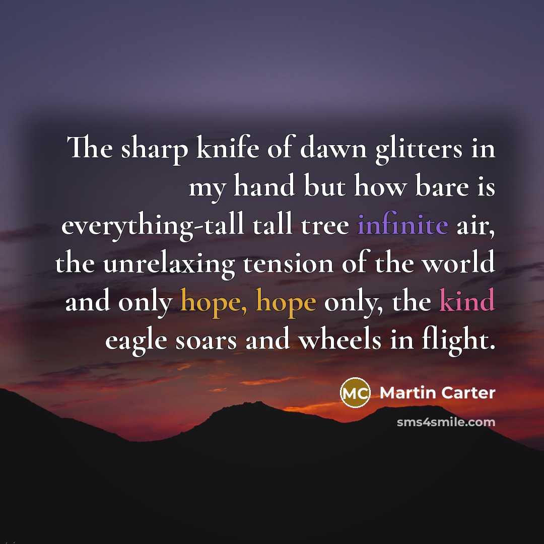 “The sharp knife of dawn glitters in my hand but how bare is everything-tall tall tree infinite air, the unrelaxing tension of the world and only hope, hope only, the kind eagle soars and wheels in flight.” quote by Martin Carter