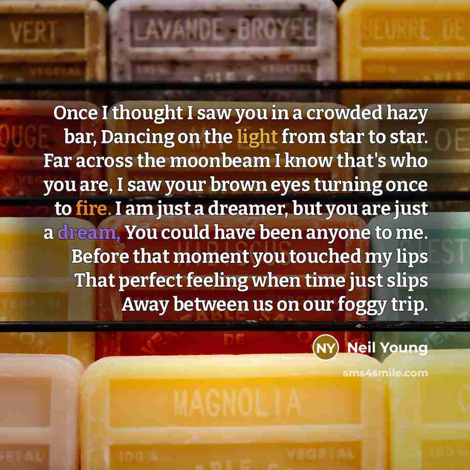 “Once I thought I saw you in a crowded hazy bar, Dancing on the light from star to star. Far across the moonbeam I know that's who you are, I saw your brown eyes turning once to fire. I am just a dreamer, but you are just a dream, You could have been anyone to me. Before that moment you touched my…” quote by Neil Young