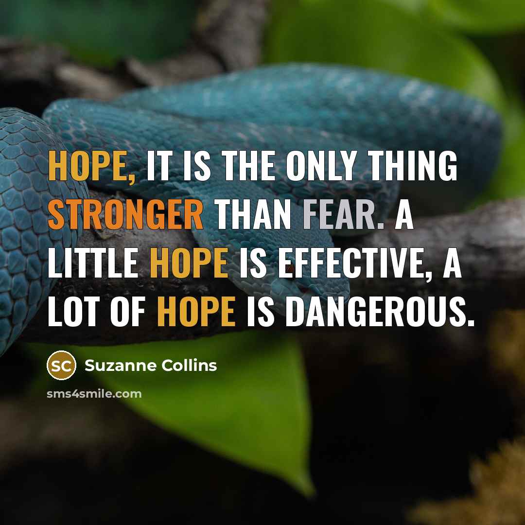 “Hope, it is the only thing stronger than fear. A little hope is effective, a lot of hope is dangerous.” quote by Suzanne Collins