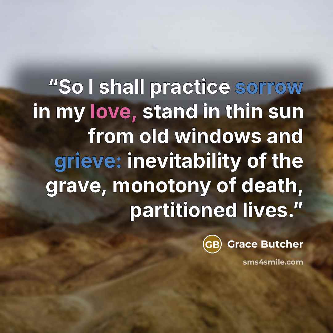 “So I shall practice sorrow in my love, stand in thin sun from old windows and grieve: inevitability of the grave, monotony of death, partitioned lives.” quote by Grace Butcher