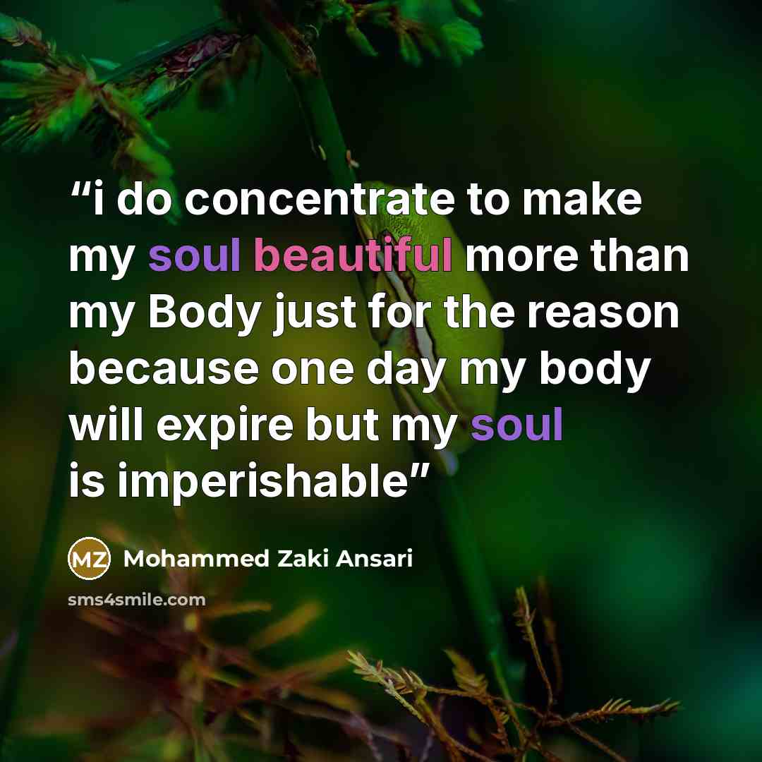 “i do concentrate to make my soul beautiful more than my Body just for the reason because one day my body will expire but my soul is imperishable” quote by Mohammed Zaki Ansari