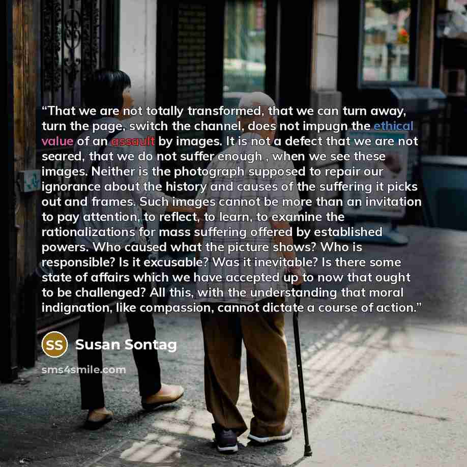 “That we are not totally transformed, that we can turn away, turn the page, switch the channel, does not impugn the ethical value of an assault by images. It is not a defect that we are not seared, that we do not suffer enough , when we see these images. Neither is the photograph supposed to repair…” quote by Susan Sontag