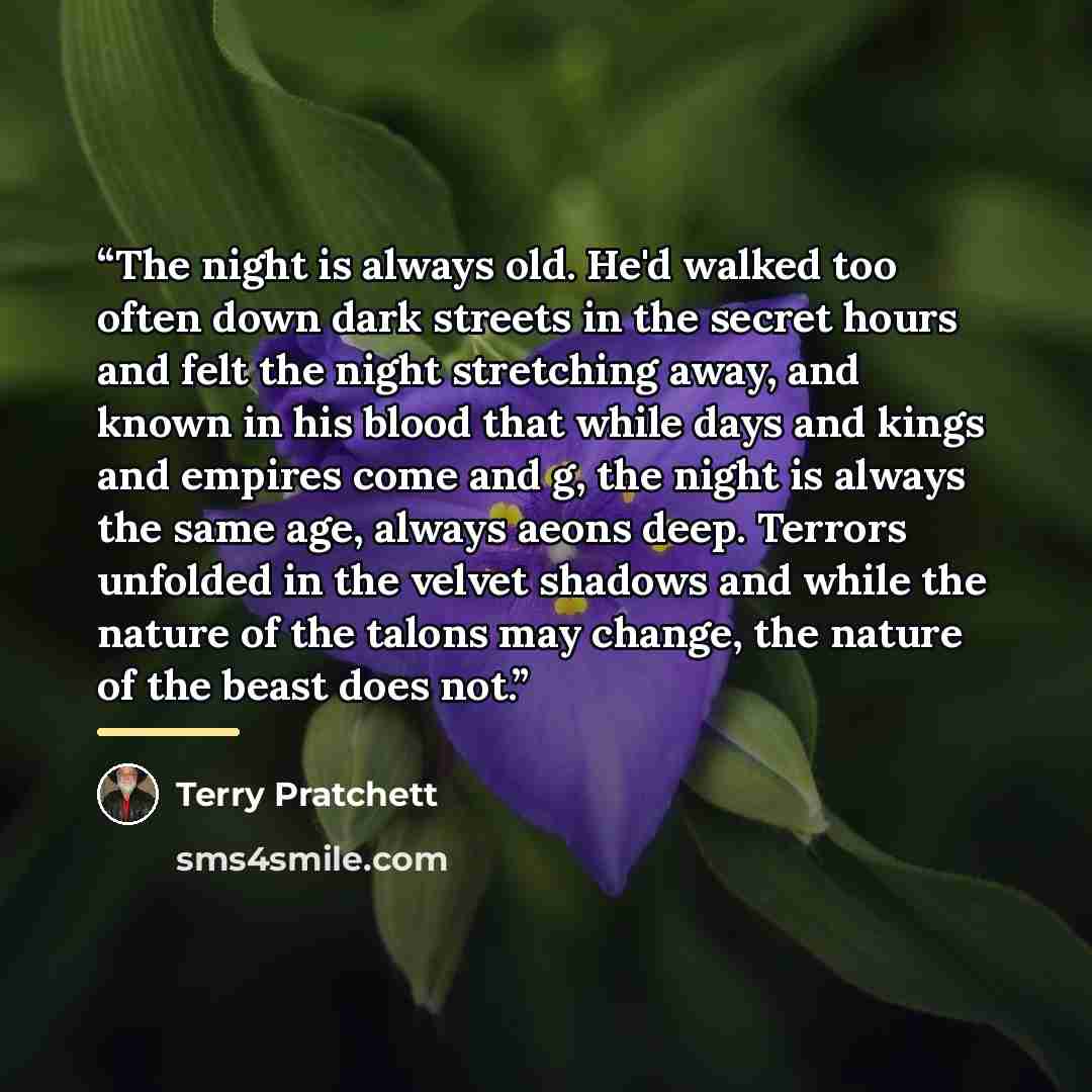 “The night is always old. He'd walked too often down dark streets in the secret hours and felt the night stretching away, and known in his blood that while days and kings and empires come and g, the night is always the same age, always aeons deep. Terrors unfolded in the velvet shadows and while…” quote by Terry Pratchett