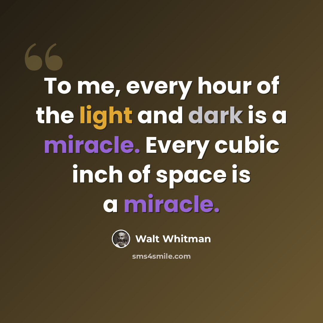 “To me, every hour of the light and dark is a miracle. Every cubic inch of space is a miracle.” quote by Walt Whitman