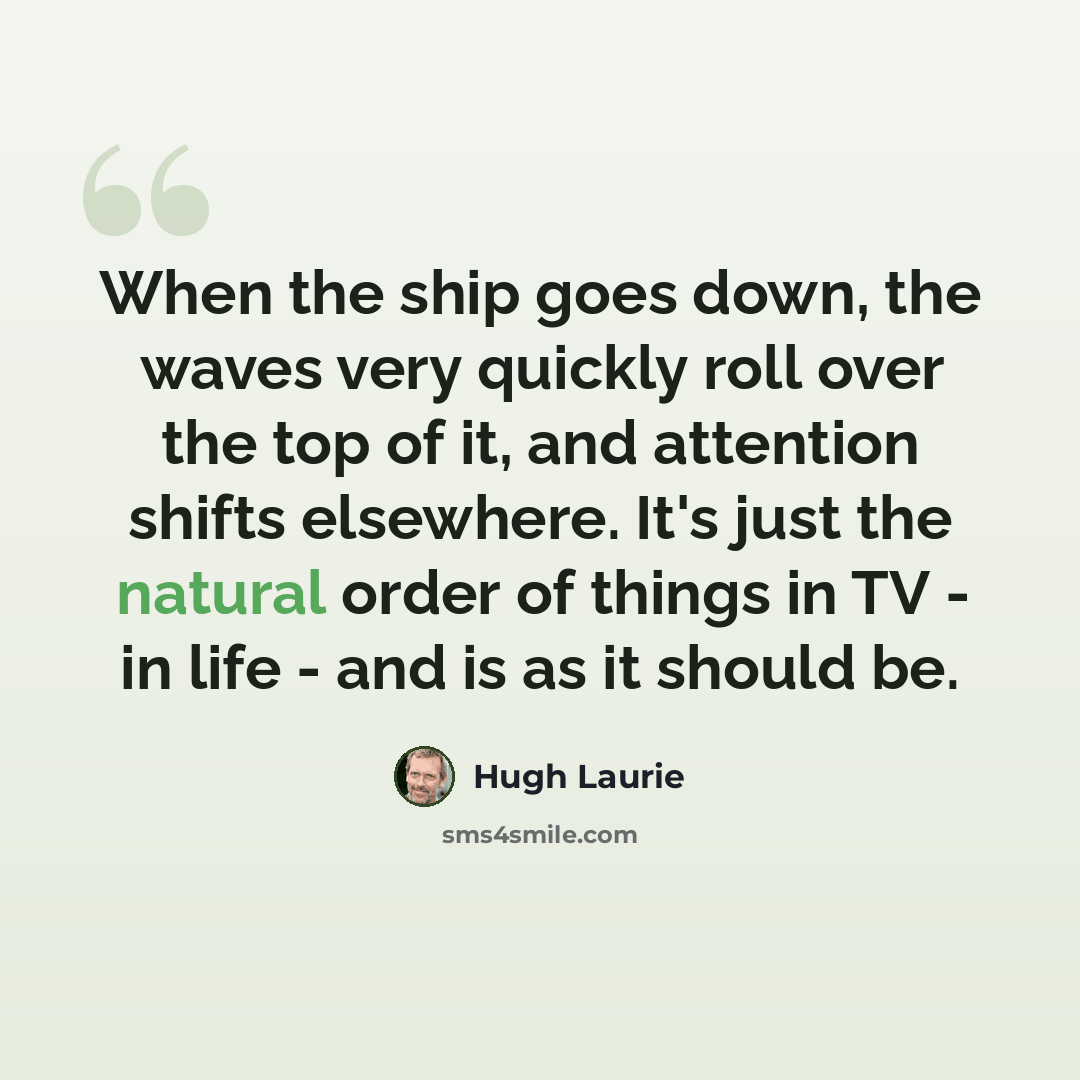 “When the ship goes down, the waves very quickly roll over the top of it, and attention shifts elsewhere. It's just the natural order of things in TV - in life - and is as it should be.” quote by Hugh Laurie