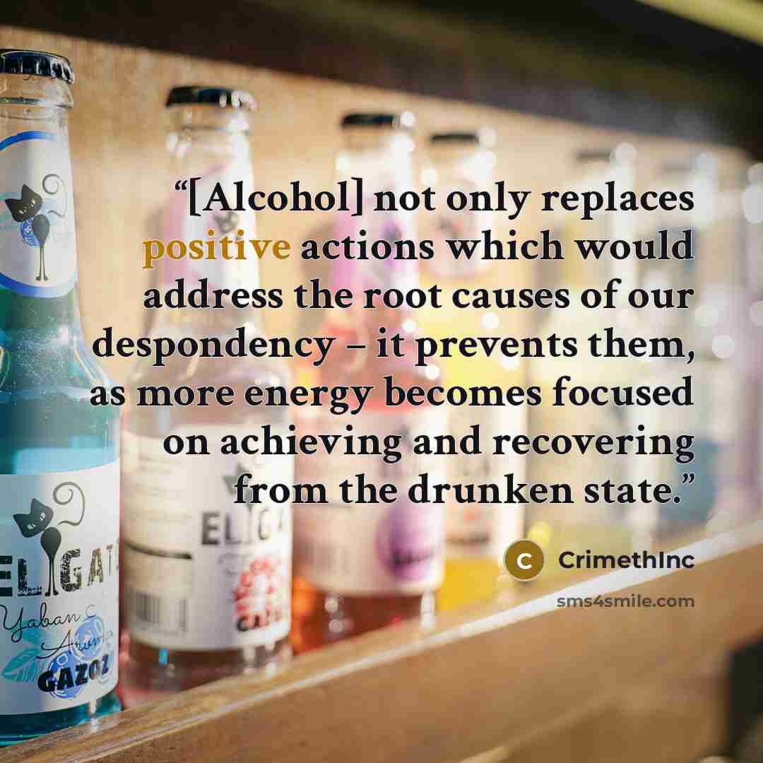 “[Alcohol] not only replaces positive actions which would address the root causes of our despondency – it prevents them, as more energy becomes focused on achieving and recovering from the drunken state.” quote by Crimethinc