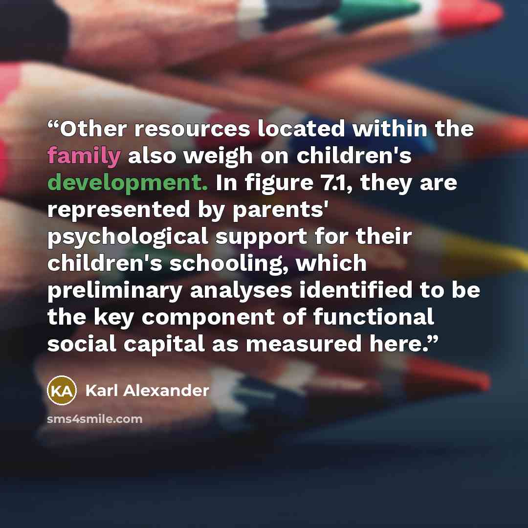 “Other resources located within the family also weigh on children's development. In figure 7.1, they are represented by parents' psychological support for their children's schooling, which preliminary analyses identified to be the key component of functional social capital as measured here.” quote by Karl Alexander