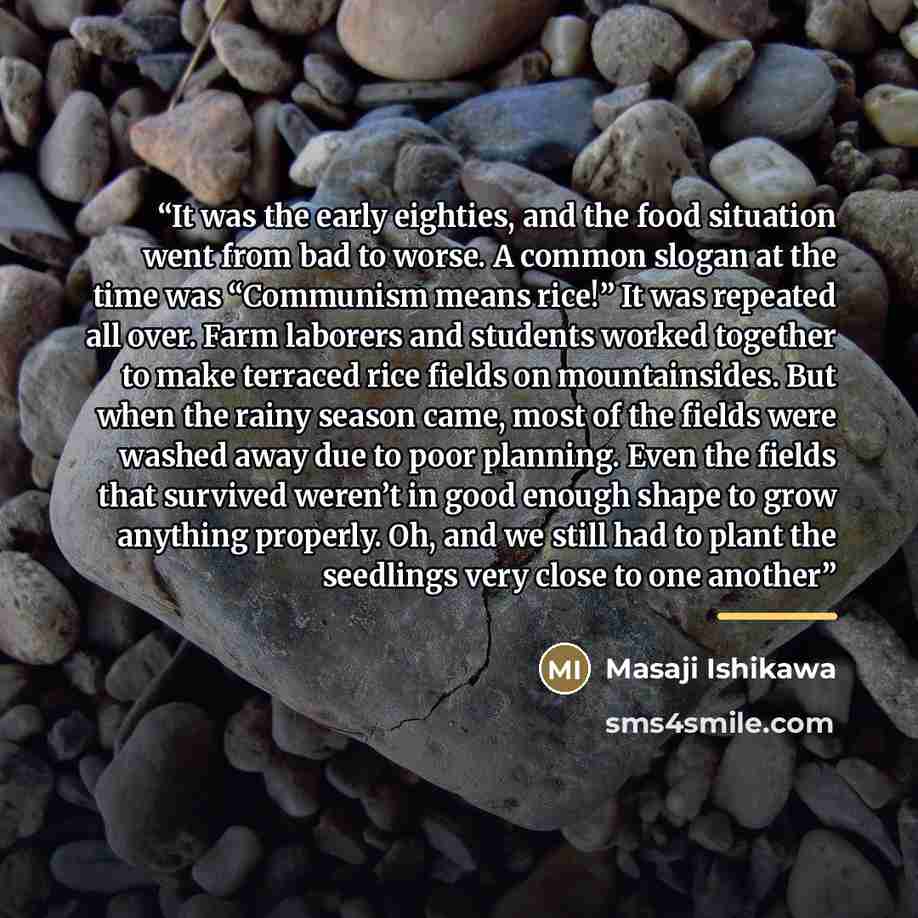 “It was the early eighties, and the food situation went from bad to worse. A common slogan at the time was “Communism means rice!” It was repeated all over. Farm laborers and students worked together to make terraced rice fields on mountainsides. But when the rainy season came, most of the fields…” quote by Masaji Ishikawa