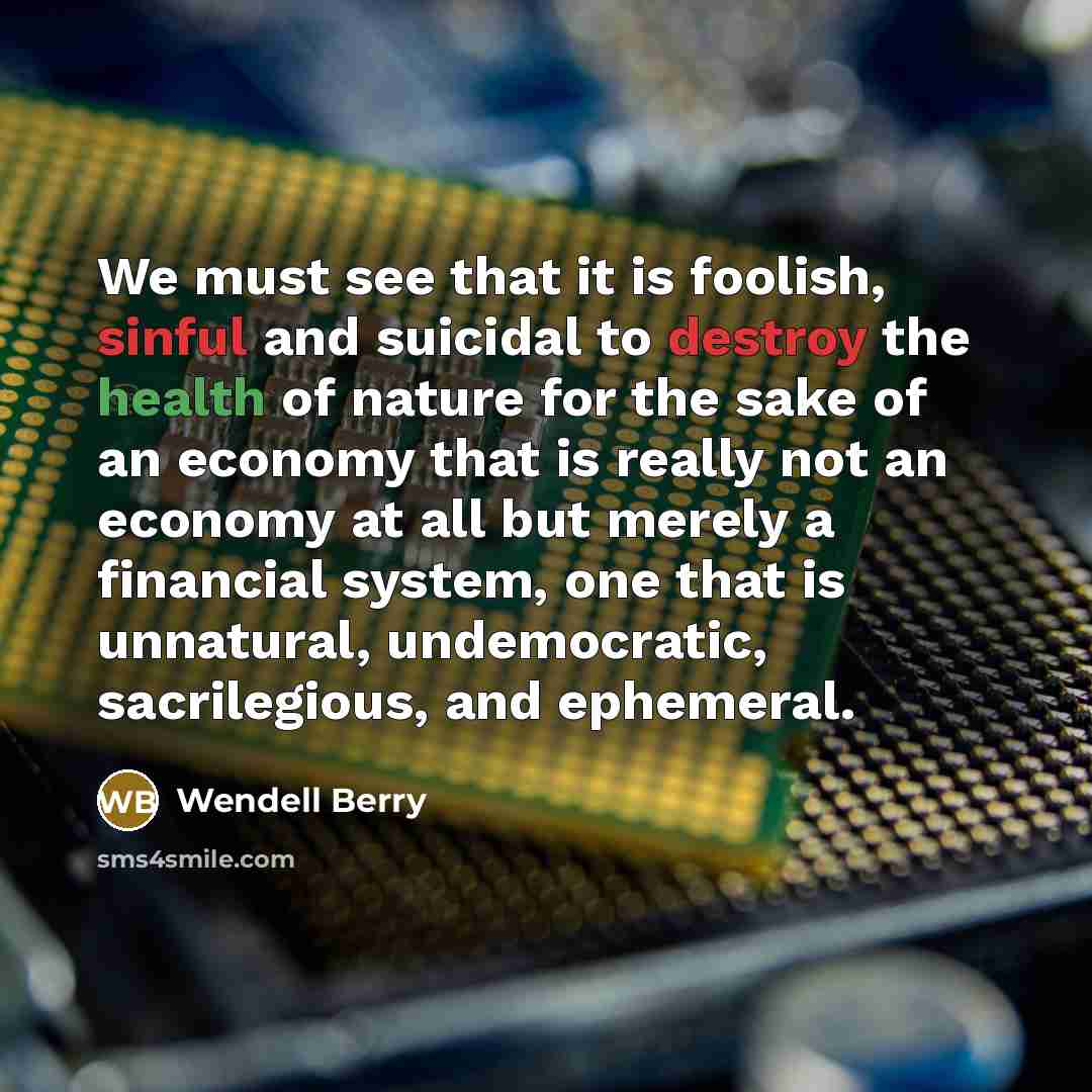 “We must see that it is foolish, sinful and suicidal to destroy the health of nature for the sake of an economy that is really not an economy at all but merely a financial system, one that is unnatural, undemocratic, sacrilegious, and ephemeral.” quote by Wendell Berry
