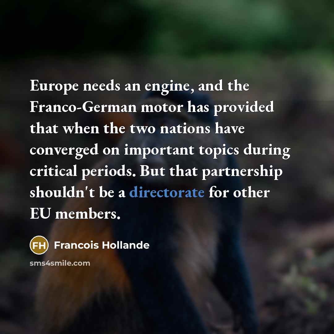 “Europe needs an engine, and the Franco-German motor has provided that when the two nations have converged on important topics during critical periods. But that partnership shouldn't be a directorate for other EU members.” quote by Francois Hollande