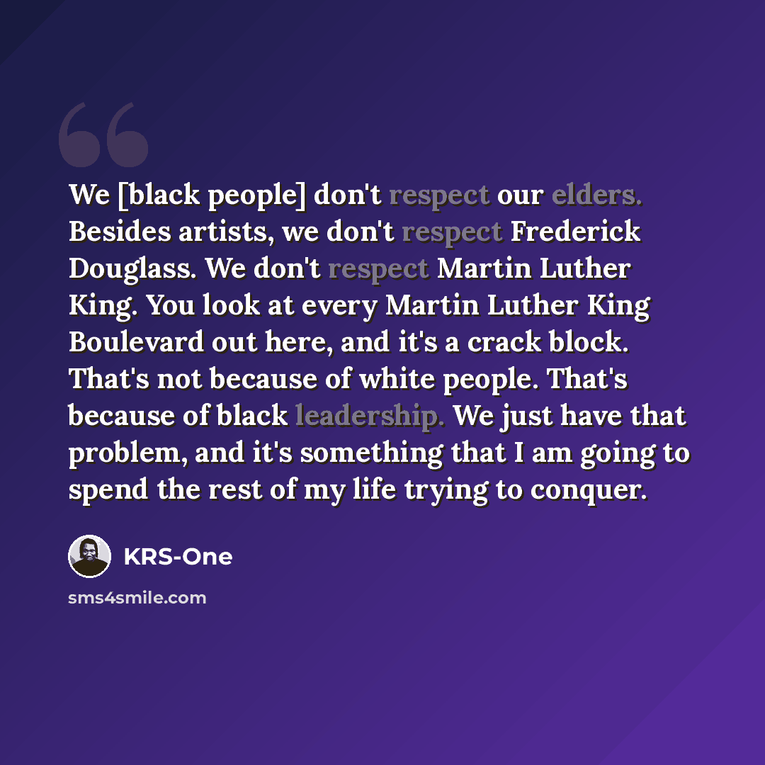 “We [black people] don't respect our elders. Besides artists, we don't respect Frederick Douglass. We don't respect Martin Luther King. You look at every Martin Luther King Boulevard out here, and it's a crack block. That's not because of white people. That's because of black leadership. We just…” quote by KRS-One