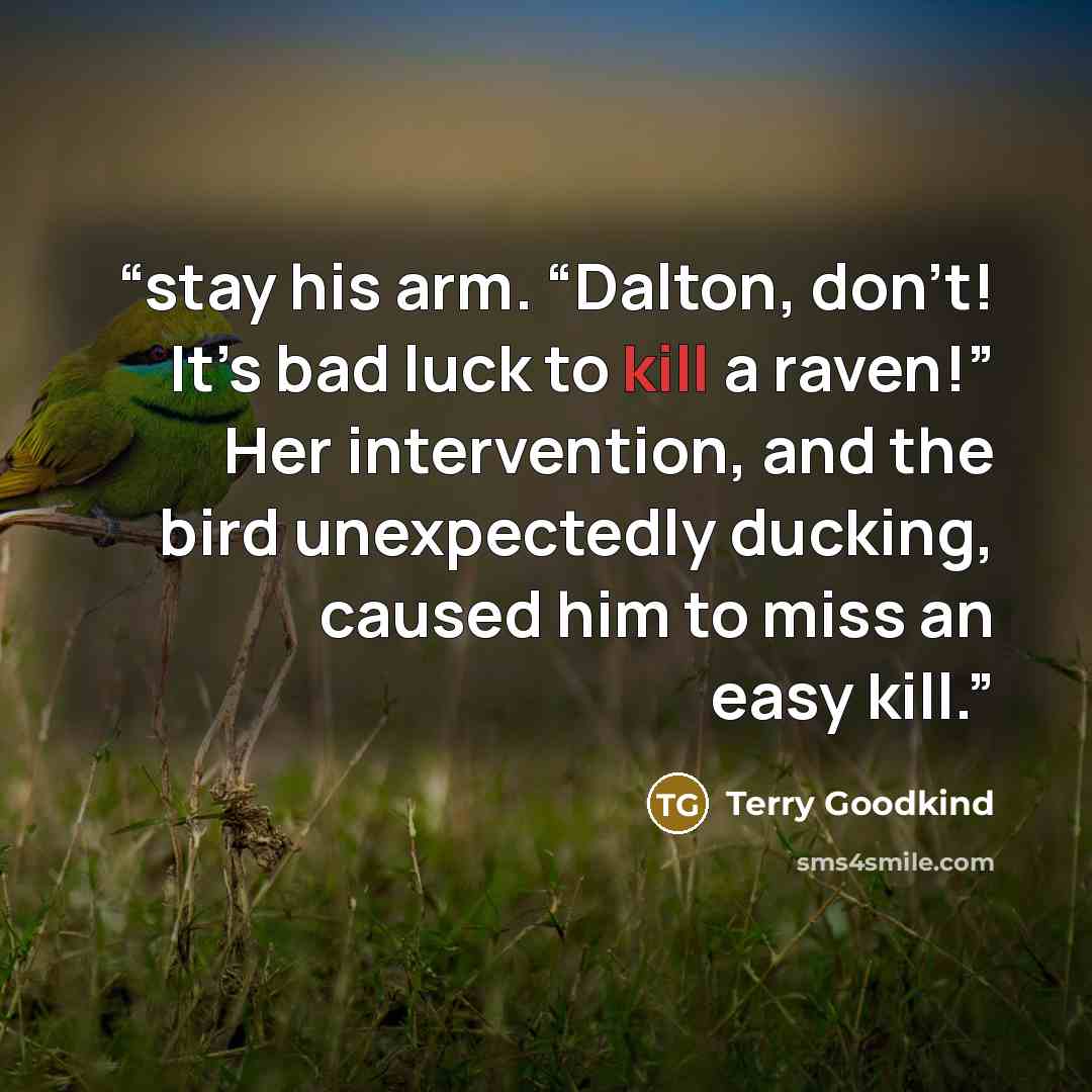 “stay his arm. “Dalton, don’t! It’s bad luck to kill a raven!” Her intervention, and the bird unexpectedly ducking, caused him to miss an easy kill.” quote by Terry Goodkind