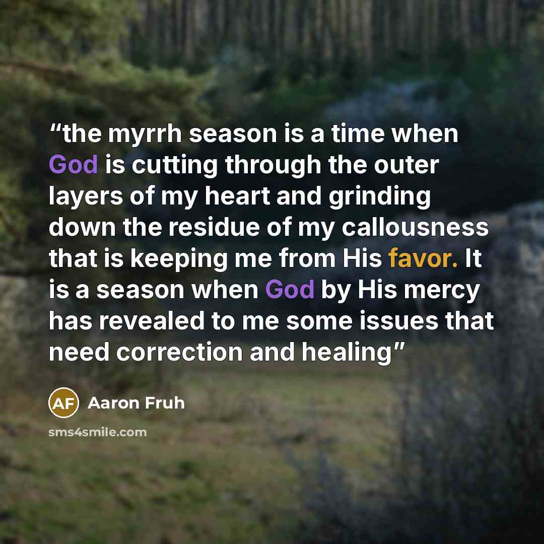 “the myrrh season is a time when God is cutting through the outer layers of my heart and grinding down the residue of my callousness that is keeping me from His favor. It is a season when God by His mercy has revealed to me some issues that need correction and healing” quote by Aaron Fruh